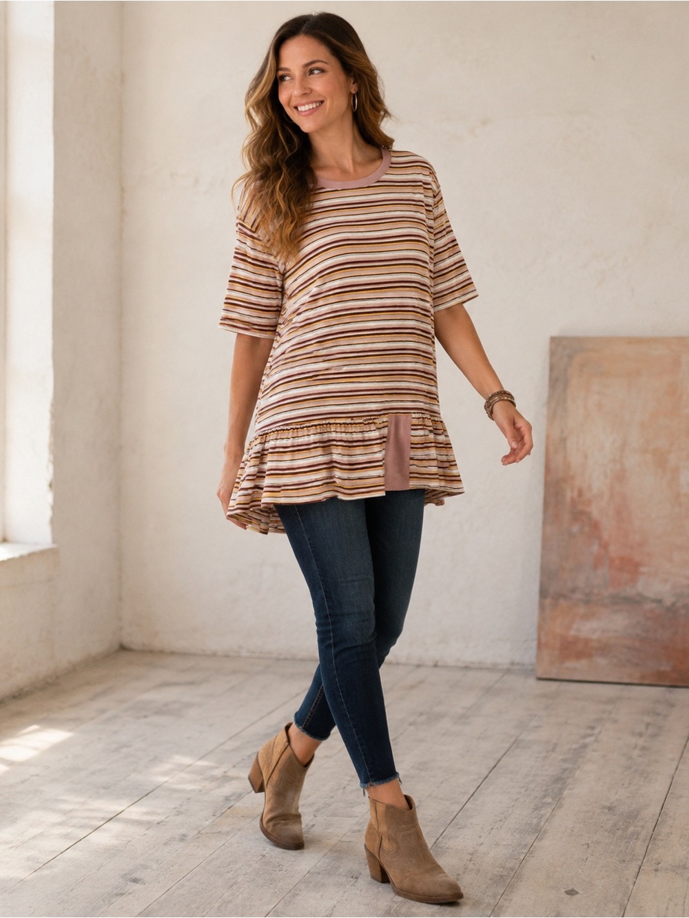 Easel Mauve Mustard Striped Plaid Ruffle Hem Tunic Top NWT L